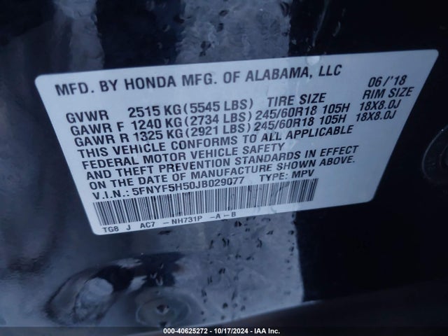 Honda Pilot Ex-l 2018 5FNYF5H50JB029077 Image 9