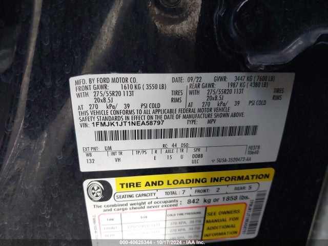 1FMJK1JT1NEA58797 Ford Expedition Xlt Max