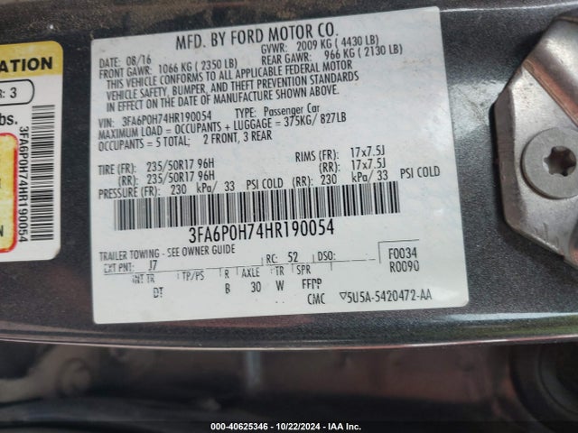 Ford FUSION SE 2017 3FA6P0H74HR190054 Image 9