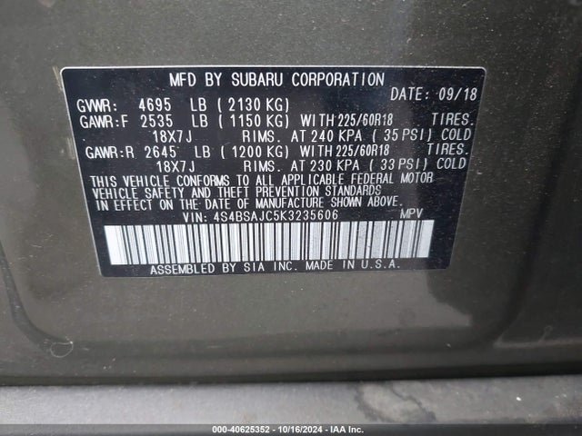 Subaru Outback 2.5i Limited 2019 4S4BSAJC5K3235606 Image 9