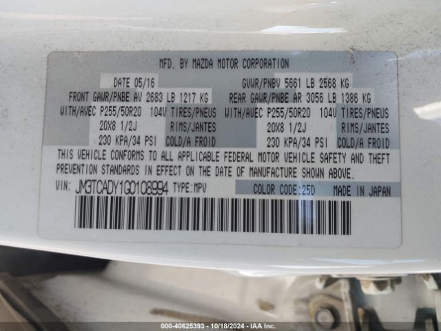 JM3TCADY1G0108994 Mazda Cx-9 Grand Touring