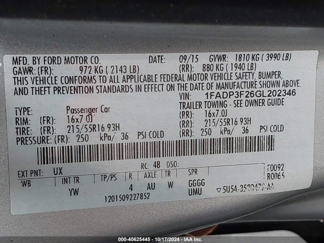 Ford FOCUS SE 2016 1FADP3F26GL202346 Image 9