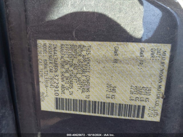 Nissan Altima 2.5 Sl 2015 1N4AL3AP8FN372910 Image 9