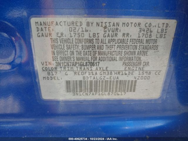 3N1CN7AP1GL870617 Nissan Versa 1.6 Sl