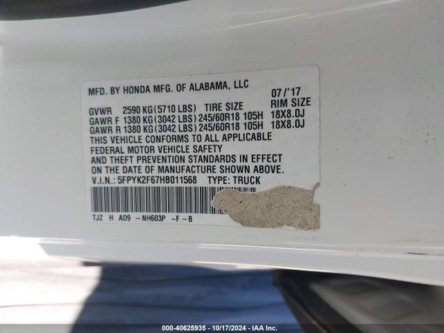 Honda Ridgeline Rtl-t 2017 5FPYK2F67HB011568 Image 9