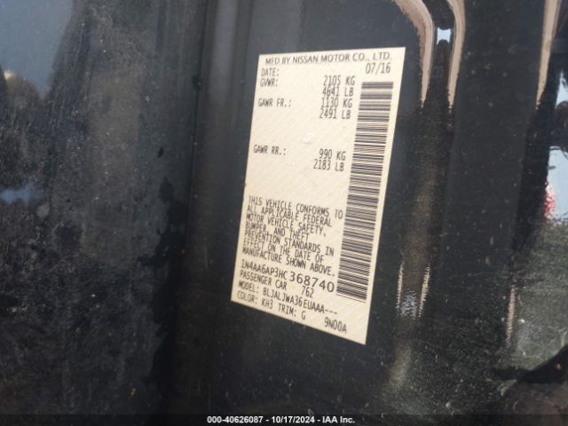 1N4AA6AP3HC368740 Nissan Maxima 3.5 Platinum/3.5 S/3.5 Sl/3.5 Sr/3.5 Sv