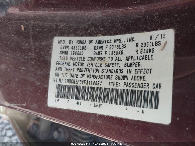 Honda Accord Ex-l 2015 1HGCR2F80FA110692 Image 9