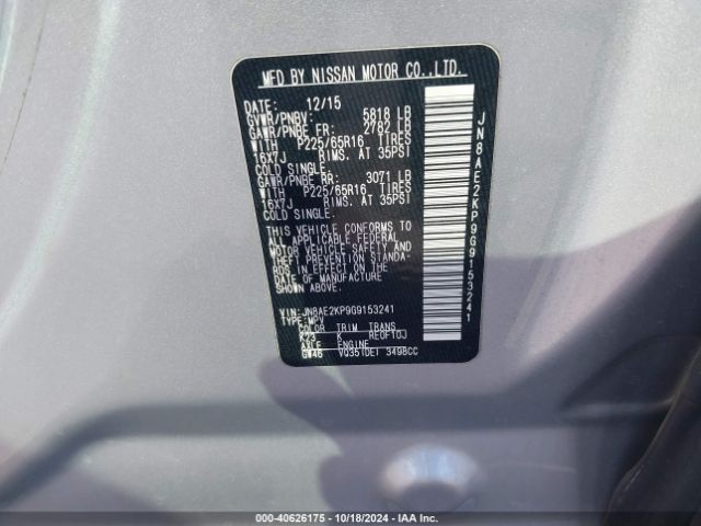 JN8AE2KP9G9153241 Nissan Quest Platinum/s/sl/sv