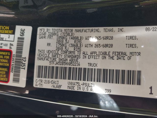 5TFJA5DB5NX052216 Toyota Tundra Limited