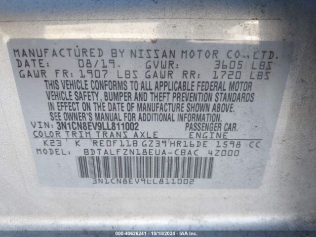 3N1CN8EV9LL811002 Nissan Versa Sv Xtronic Cvt