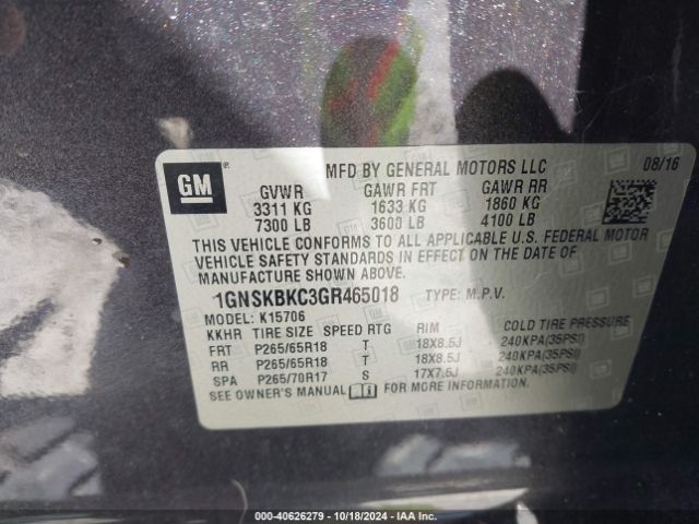 1GNSKBKC3GR465018 Chevrolet Tahoe Lt