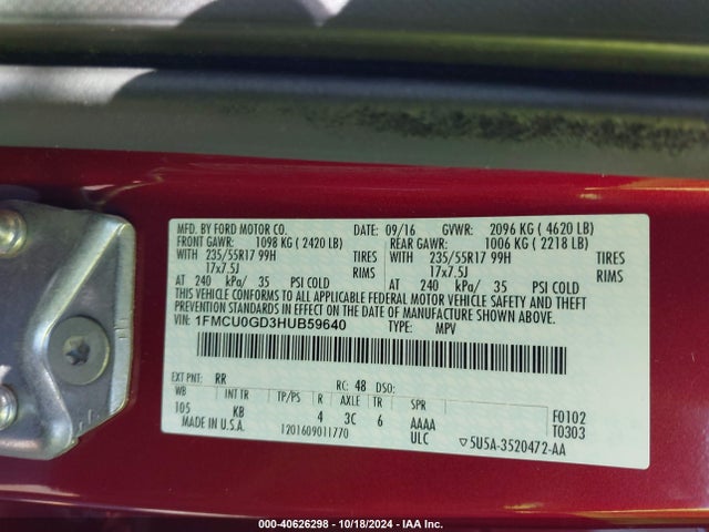 Ford ESCAPE SE 2017 1FMCU0GD3HUB59640 Image 9