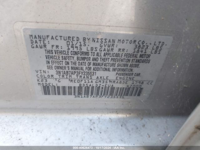 3N1AB7AP3FY235531 Nissan Sentra Fe+ S/s/sl/sr/sv