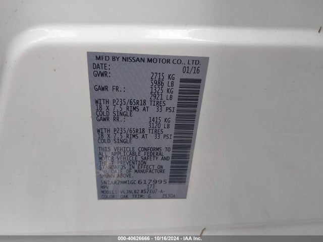 5N1AR2MM1GC617995 Nissan Pathfinder Platinum/s/sl/sv