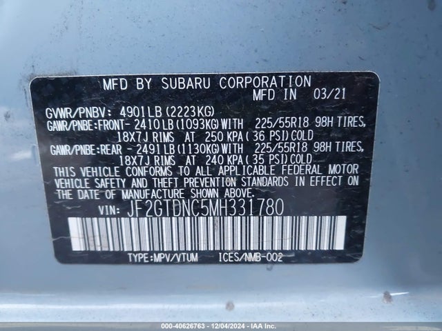 Subaru CROSSTREK HYBRID 2021 JF2GTDNC5MH331780 Image 9