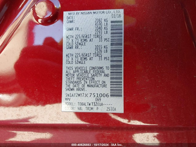 Nissan ROGUE SV 2018 5N1AT2MT7JC751006 Image 9