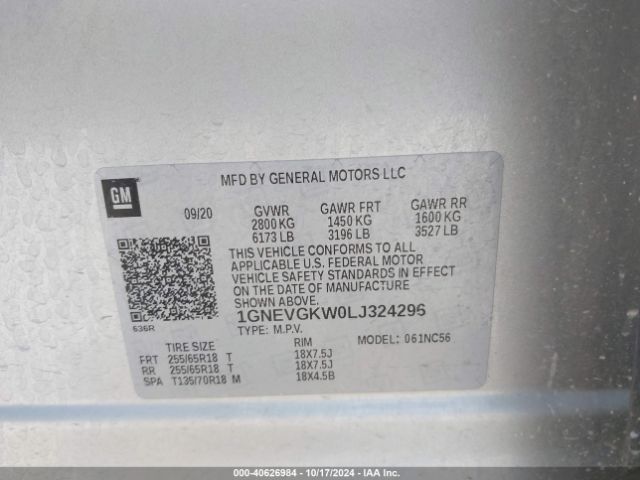 1GNEVGKW0LJ324296 Chevrolet Traverse Awd Lt Cloth