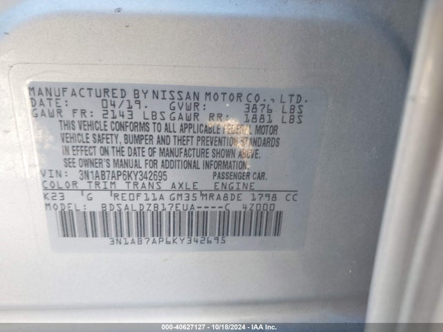 Nissan SENTRA SV 2019 3N1AB7AP6KY342695 Image 9