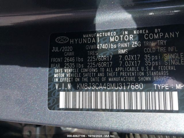 KM8J3CA48MU317680 Hyundai Tucson Value