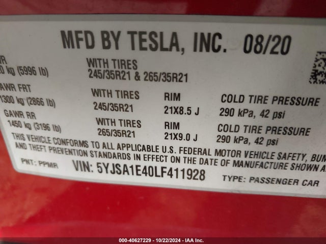 2020 TESLA MODEL S 5YJSA1E40LF411928 Photo 8