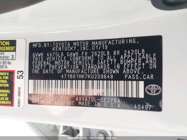 4T1B61HK7KU209648 Toyota CAMRY XSE
