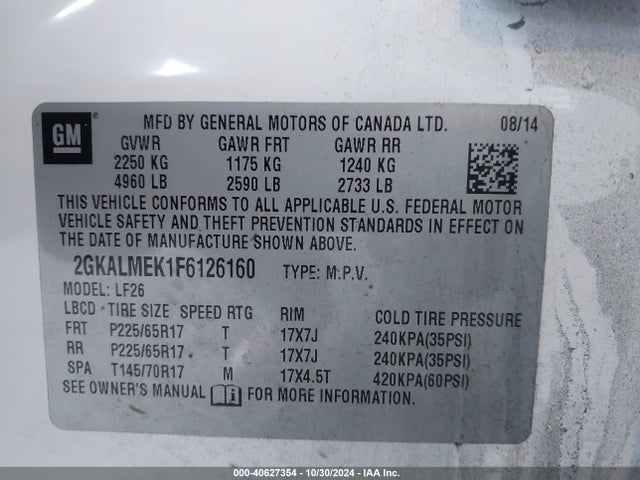 GMC Terrain Sle-1 2015 2GKALMEK1F6126160 Image 9