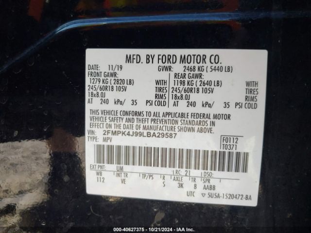 2FMPK4J99LBA29587 Ford EDGE SEL