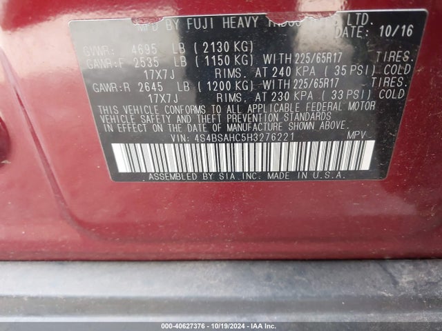 Subaru Outback 2.5i Premium 2017 4S4BSAHC5H3276221 Image 9