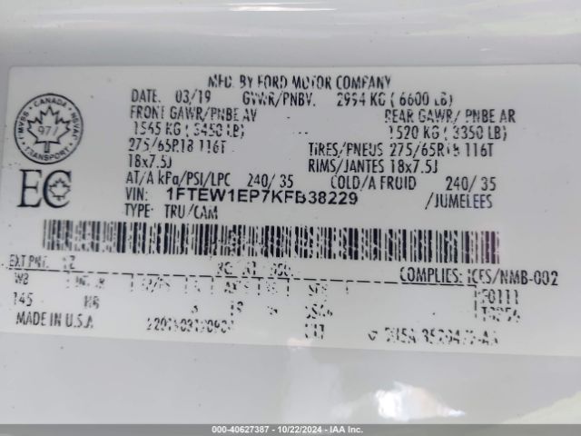 1FTEW1EP7KFB38229 Ford F-150 Lariat