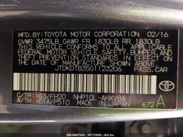 JTDKDTB35G1123206 Toyota Prius C One