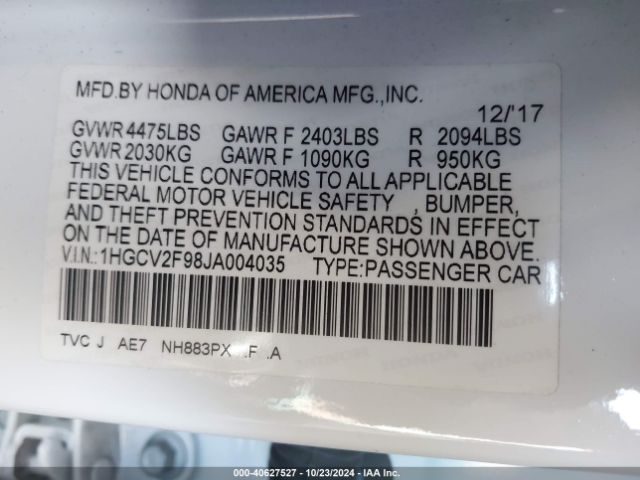 1HGCV2F98JA004035 Honda Accord Touring 2.0t