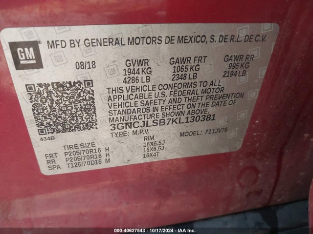 Chevrolet Trax Lt 2019 3GNCJLSB7KL130381 Image 9