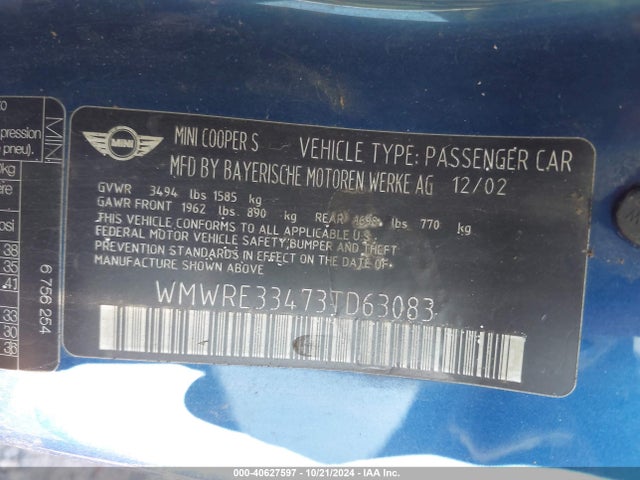 2003 MINI COOPER S WMWRE33473TD63083 Photo 8