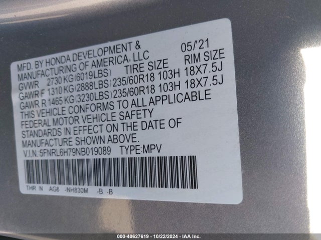 Honda Odyssey Ex-l 2022 5FNRL6H79NB019089 Image 9