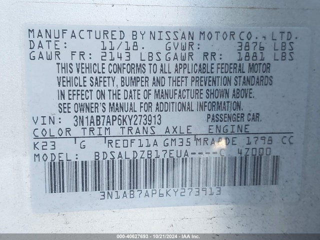 Nissan SENTRA SV 2019 3N1AB7AP6KY273913 Image 9