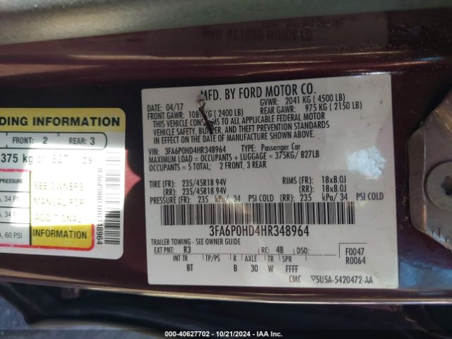 3FA6P0HD4HR348964 Ford FUSION SE
