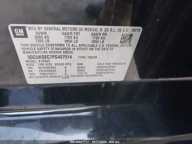 Chevrolet Silverado 1500 1lz 2015 3GCUKSEC7FG427514 Image 9