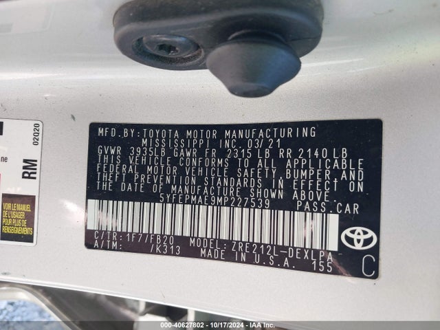 Toyota COROLLA LE 2021 5YFEPMAE9MP227539 Image 9