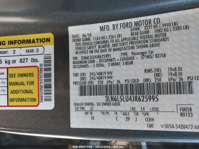 3LN6L5LU4JR625995 Lincoln Mkz Hybrid Select