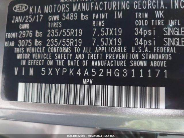 5XYPK4A52HG311171 KIA Sorento 3.3l Sxl