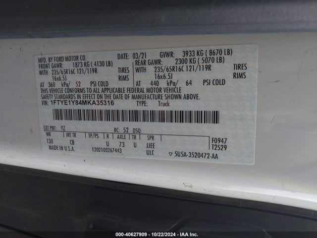 Ford Transit-150 Cargo Van 2021 1FTYE1Y84MKA35316 Image 9