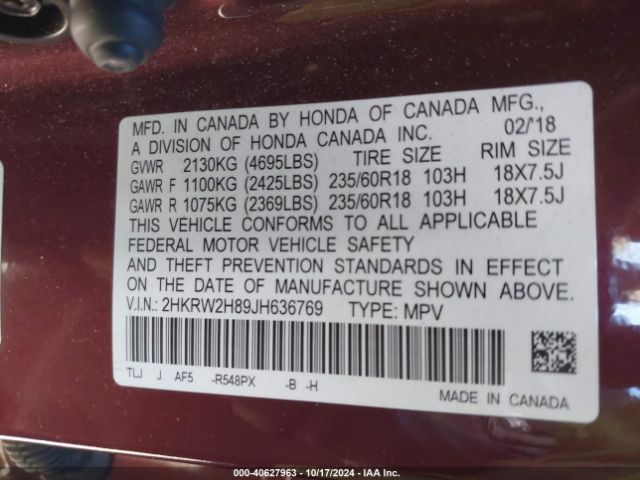 2HKRW2H89JH636769 Honda Cr-v Ex-l/ex-l Navi