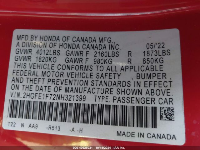 2022 HONDA CIVIC 2HGFE1F72NH321399 Photo 8