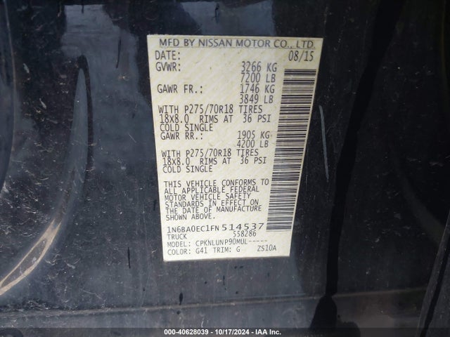 Nissan Titan Pro-4x 2015 1N6BA0EC1FN514537 Image 9