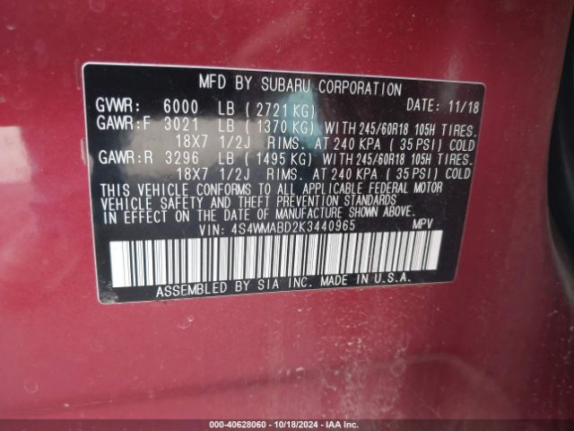 4S4WMABD2K3440965 Subaru Ascent Premium