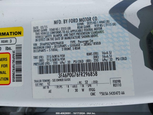 Ford FUSION S 2015 3FA6P0G76FR296858 Image 9