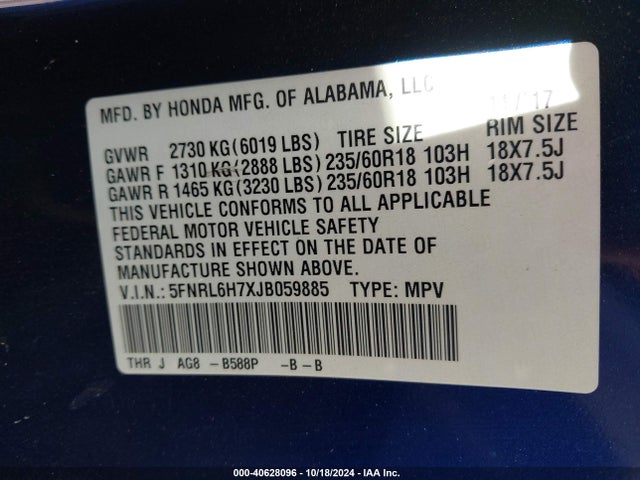 Honda Odyssey Ex-l 2018 5FNRL6H7XJB059885 Image 9