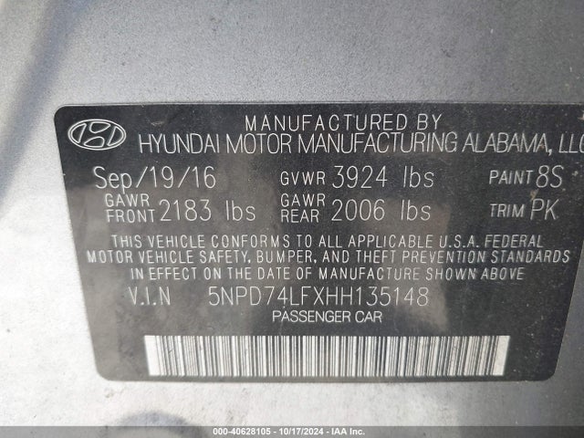 Hyundai ELANTRA SE 2017 5NPD74LFXHH135148 Image 9