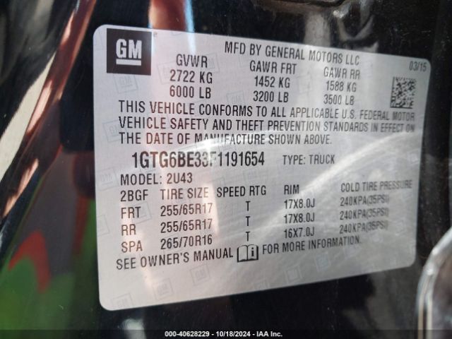 1GTG6BE33F1191654 GMC CANYON SLE