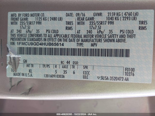 Ford ESCAPE SE 2017 1FMCU9GD4HUB65614 Image 9